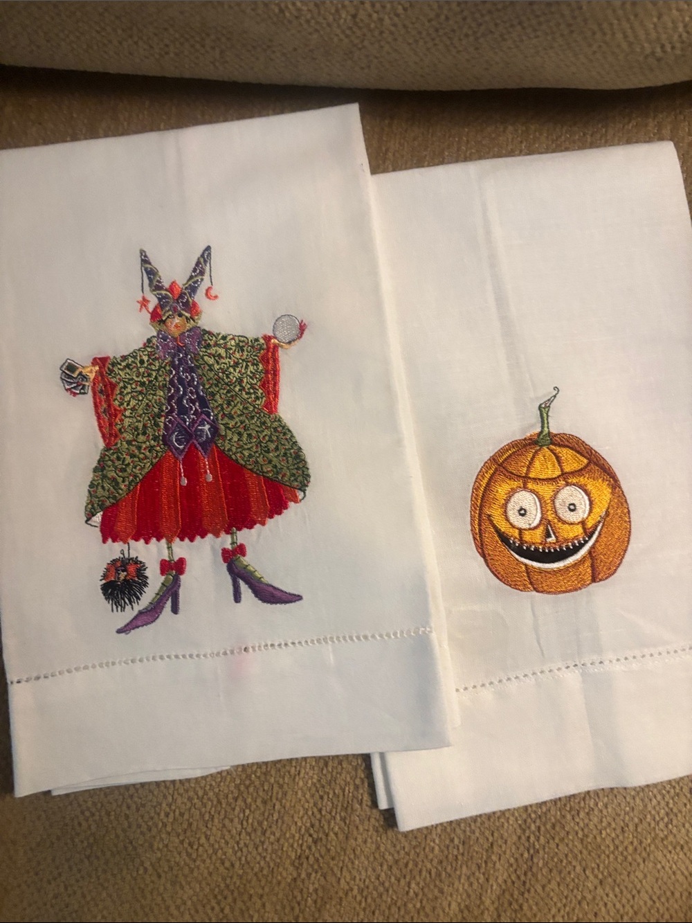 Patience Brewster Fortune Teller and Happy Pumpkin embroidered hostess towels